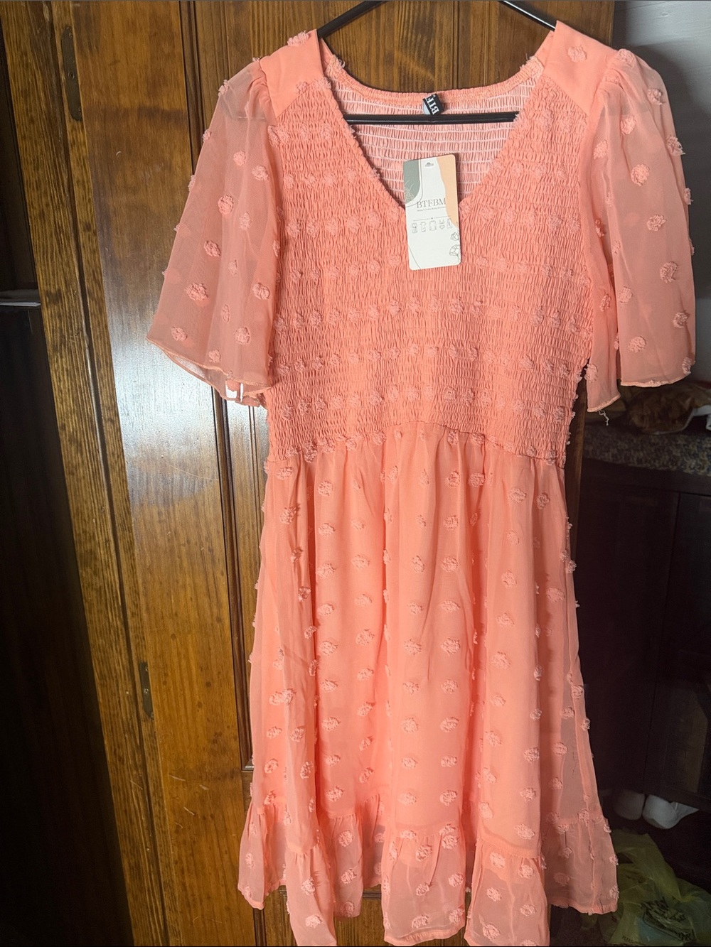 Women-Peach Textured Smocked Dress - Unbranded